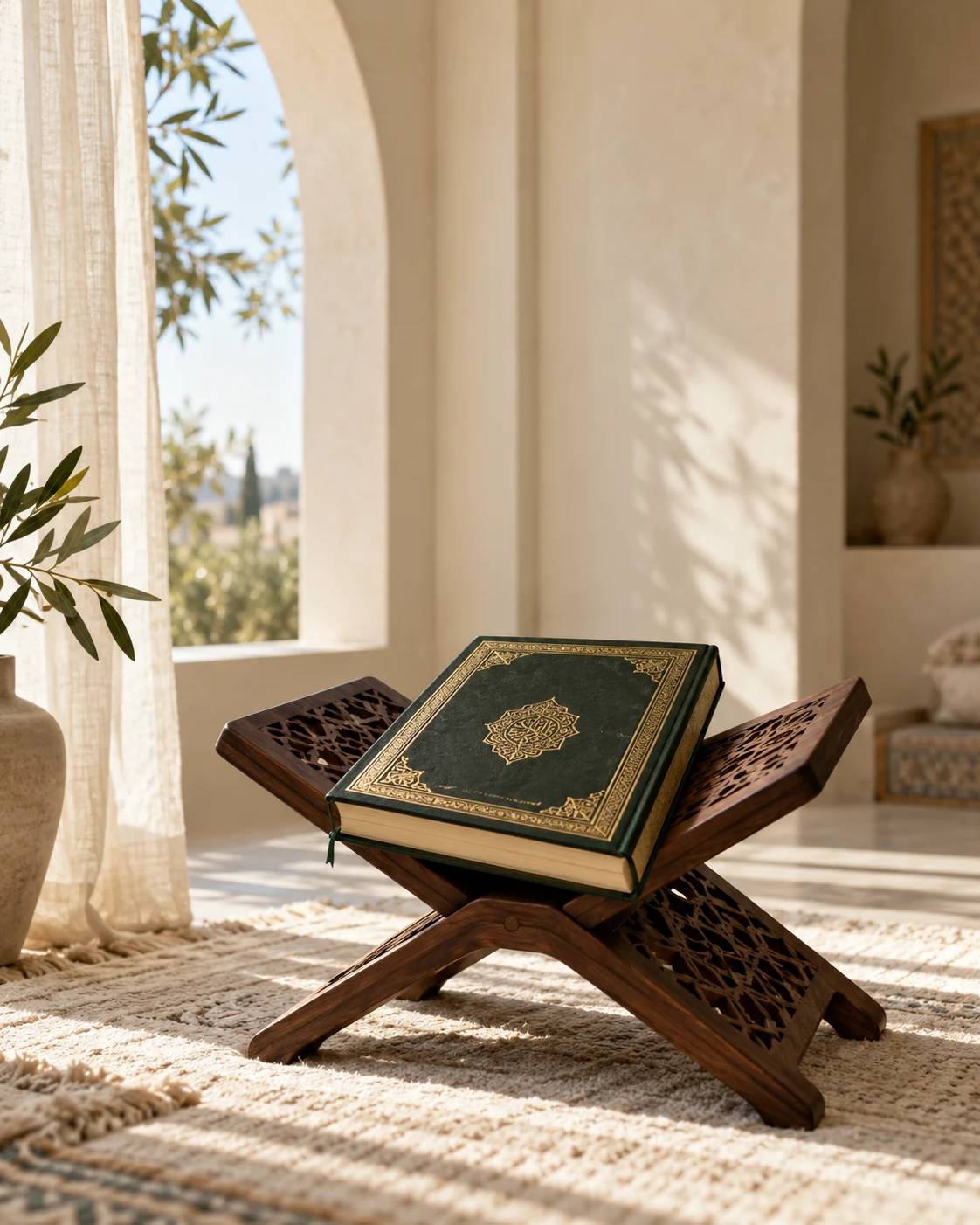A green and gold Qur’an resting on a wooden stand in warm natural light